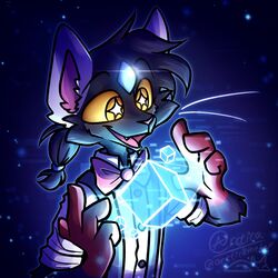  1:1 anthro arctica_the_fox black_body black_face black_fur blue_background bow_ribbon cheek_tuft clothing cube domestic_cat elemental_creature facial_tuft fangs felid feline felis forehead_gem fur gem gem_creature glistening glistening_face glistening_hands gloves_(marking) glowing glowing_eyes grey_body grey_ears grey_fur half-length_portrait hi_res male mammal markings microsoft minecraft mineral_fauna mojang multicolored_body multicolored_fur neck_bow neck_ribbon open_mouth orange_eyes pink_bow pink_inner_ear pink_neckwear pngtuber portrait red_hands simple_background smile solo space star star_eyes teeth topwear tuft tuxbowdie vtuber white_body white_clothing white_ears white_fur white_topwear xbox_game_studios youtuber 