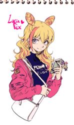  aina_ardebit bae_(baebae) black_nails blonde_hair cameo cellphone cellphone_charm charm_(object) cone_hair_bun cropped_torso female galo_thymos hair_bun hair_strand highres jacket lio_fotia lucia_fex multicolored_hair phone pink_hair promare red_jacket smartphone smile solo two-tone_hair 