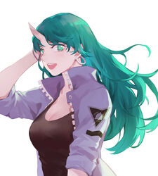  alternate_costume arknights bad_id bad_pixiv_id black_tank_top blue_jacket bracelet breasts character_name cleavage earrings female green_eyes green_hair hand_in_own_hair highres hoop_earrings horns hoshiguma_(arknights) jacket jewelry long_hair looking_at_viewer medium_breasts narakuuu open_clothes open_jacket open_mouth photoshop_(medium) simple_background single_horn skin-covered_horns sleeves_rolled_up smile solo tank_top upper_body white_background wind 