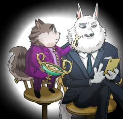  2022 anthro black_nose bottomwear canid canine canis cellphone clothing domestic_cat duo electronics felid feline felis food hi_res humanoid_hands illumination_entertainment jerry_(sing) jimgmyg jimmy_crystal male mammal necktie pants phone shirt sing_(movie) sitting size_difference slightly_chubby smartphone topwear white_body wolf 