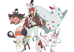  absurdres ankh ankh_necklace belt black_belt black_footwear bodysuit breasts clobbopus crossover female gloves green_eyes guilty_gear guilty_gear_strive high_heels highres jack-o&#039;_valentine jewelry large_breasts long_hair makai necklace one_eye_closed pokemon pokemon_(creature) pumpkaboo red_hair simple_background standing stretching sylveon togedemaru togekiss white_background white_bodysuit wide_sleeves 