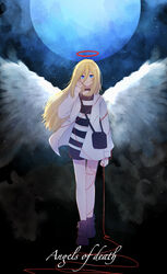  ametsuyu_1129 black_footwear black_shorts blonde_hair blue_eyes closed_mouth copyright_name feathered_wings female floating_hair full_body full_moon hair_between_eyes hand_in_own_hair highres holding holding_ribbon jacket long_hair long_sleeves looking_at_viewer moon open_clothes open_jacket rachel_gardner red_ribbon ribbon satsuriku_no_tenshi shirt short_shorts shorts solo standing straight_hair striped_clothes striped_shirt thigh_gap very_long_hair white_jacket white_wings wings 