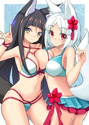  2girls animal_ear_fluff animal_ears asymmetrical_docking bare_shoulders bikini bikini_skirt black_hair blue_eyes blush breast_press breasts collarbone commentary_request double_fox_shadow_puppet flower fox_ears fox_girl fox_shadow_puppet fox_tail frilled_bikini frills guchiaki hibiscus kitsune kitsunegasaki_tametsugu_(tenka_hyakken) large_breasts long_hair looking_at_viewer miniskirt multicolored_eyes multiple_girls nakigitsune_(tenka_hyakken) navel official_alternate_costume red_eyes short_hair skirt smile swimsuit tail tenka_hyakken white_bikini white_hair yellow_eyes 