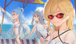  3girls alternate_costume artist_name beach bikini blonde_hair blue_hair breasts cloud collarbone commentary cone_hair_bun english_commentary eyewear_on_head grey_eyes grey_hair hair_bun highres holding_another&#039;s_wrist holoh3roes hololive hololive_indonesia jacket kaela_kovalskia kobo_kanaeru long_hair looking_at_another looking_at_viewer medium_breasts medium_hair multicolored_hair multiple_girls ocean one-piece_swimsuit outdoors raincoat red-tinted_eyewear red_eyes see-through see-through_jacket small_breasts smile swimsuit tinted_eyewear two-tone_hair very_long_hair vestia_zeta virtual_youtuber white_bikini white_hair zinkaa 