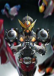  1boy 2015 adapted_costume armor black_armor black_gloves black_headwear bodysuit edison_damashii eyecon ghost ghost_ridewatch gloves helmet horns kamen_rider kamen_rider_geiz kamen_rider_ghost_(series) kamen_rider_zi-o_(series) male_focus musashi_damashii newton_damashii ore_damashii own_hands_together parka peihao_wang praying red_bodysuit rider_watch ridewatch single_horn spirit tokusatsu yellow_eyes ziku_driver 