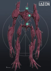  alternate_design artist_name character_name densetsu_kyojin_ideon english_text full_body glowing glowing_eyes gradient_background grey_background ideon ideon_gauge long_arms mecha no_humans onomeshin photoshop_(medium) robot standing 