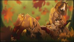  16:9 2023 anthro black_border border braided_hair breasts brown_hair digital_media_(artwork) duo equid equine featureless_breasts felid feline female hair hi_res horse lynx mammal nitani nude widescreen 