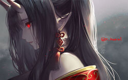  bad_id bad_pixiv_id bare_shoulders black_hair blunt_bangs commentary_request earrings eyelashes female from_side glowing glowing_eyes half_updo horns japanese_clothes jewelry kamui_natsuki kimono knot light_particles long_hair looking_away looking_down oerba_yun_fang off_shoulder oni oni_horns original parted_lips pointy_ears profile red_eyes solo tassel traditional_youkai 