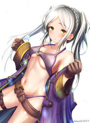  bad_id bad_pixiv_id belt bikini blush breasts brown_gloves clear_glass_(mildmild1311) collarbone female fire_emblem fire_emblem_awakening fire_emblem_heroes gloves highres long_hair long_sleeves navel o-ring o-ring_bikini o-ring_top off_shoulder purple_bikini robe robin_(female)_(fire_emblem) robin_(female)_(summer)_(fire_emblem) robin_(fire_emblem) simple_background solo stomach swimsuit twintails white_background white_hair wide_sleeves yellow_eyes 