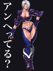  abs angel_(kof) bad_id bad_twitter_id breasts chaps cleavage crop_top cropped_jacket female fingerless_gloves gloves hair_over_one_eye highres large_breasts looking_at_viewer midriff navel one_eye_covered ryotatsuryu short_hair smile solo the_king_of_fighters white_hair 