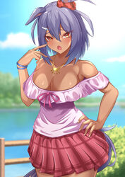  absurdres animal_ears bare_shoulders blue_sky blurry blurry_background breasts cleavage cloud commentary_request cowboy_shot day eve_on_k female hair_between_eyes hand_on_own_hip hand_up highres hishi_amazon_(umamusume) horse_ears horse_girl jewelry large_breasts looking_at_viewer miniskirt necklace oerba_yun_fang off-shoulder_shirt off_shoulder open_mouth orange_eyes outdoors pink_ribbon pink_shirt pleated_skirt purple_hair red_skirt ribbon shirt short_hair short_sleeves skirt sky solo standing tail thighs umamusume 