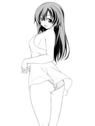  ass breasts commentary_request crotch_seam female from_behind greyscale highres kikuchi_tsutomu long_hair looking_at_viewer looking_back medium_breasts monochrome no_pants open_mouth original own_hands_together panties shirt sideboob sleeveless sleeveless_shirt smile solo standing underwear 