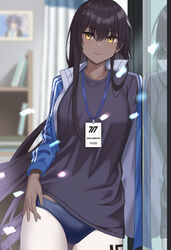  alternate_costume alternate_hairstyle black_hair blue_archive blue_buruma buruma cameo casual commentary_request dark-skinned_female dark_skin english_text female gaitoou gym_uniform highres jacket jersey karin_(blue_archive) korean_commentary lanyard long_hair office open_clothes open_jacket pantyhose pantyhose_under_buruma photo_(object) smile solo yellow_eyes yuuka_(blue_archive) 