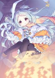  26_(2626nishima) :t black_pantyhose blue_hair boots closed_mouth commentary digital_dissolve dissolving_clothes dot_nose fading female floating foot_out_of_frame frilled_skirt frilled_sleeves frills furrowed_brow ghost holding holding_spoon layered_skirt long_hair long_sleeves looking_at_viewer miyako_(princess_connect!) orange_scarf orange_skirt oversized_object pantyhose parted_bangs pleated_skirt pout princess_connect! red_eyes ribbon scarf see-through shirt skirt sleeves_past_fingers sleeves_past_wrists solo spoon two_side_up wavy_mouth white_footwear white_ribbon white_shirt wide_sleeves 