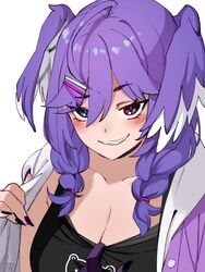  ameiarts blue_eyes blush braid breasts cleavage cleavage_reach collarbone english_commentary fangs female hair_ornament hairclip head_wings heterochromia highres leaning_forward looking_at_viewer medium_breasts nijisanji nijisanji_en parted_lips portrait purple_eyes purple_hair selen_tatsuki smirk smug solo twin_braids virtual_youtuber white_background wings 