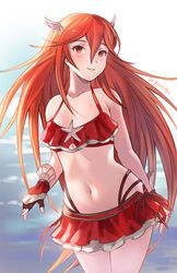  bikini bikini_skirt cordelia_(fire_emblem) cordelia_(summer)_(fire_emblem) female fingerless_gloves fire_emblem fire_emblem_awakening fire_emblem_heroes gloves hair_between_eyes hair_ornament highres long_hair navel parted_lips red_eyes red_hair smile solo spiffydc swimsuit twitter_username very_long_hair 