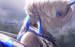  bad_id bad_pixiv_id bare_shoulders blue_eyes blue_ribbon braid closed_mouth commentary_request earrings eyelashes female from_side gem glowing glowing_eyes gradient_horns hair_ribbon horns japanese_clothes jewelry kamui_natsuki light_particles long_hair looking_away looking_down multicolored_horns off_shoulder oni original pointy_ears profile ribbon rope solo tassel traditional_youkai white_hair 