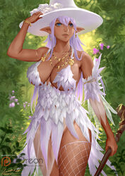  ariverkao asymmetrical_clothes blue_eyes bracelet breasts chinese_commentary cleavage commentary_request covering_breasts covering_privates dark-skinned_female dark_elf dark_skin dated detached_sleeves earrings elf facing_viewer feather_dress female fishnet_thighhighs fishnets forest hat holding holding_staff jewelry large_breasts light_purple_hair long_hair nature necklace original outdoors patreon_logo pointy_ears sidelocks signature single_thighhigh solo staff thighhighs 