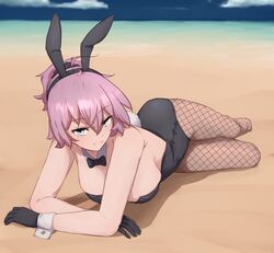  alternate_costume aoba_(kancolle) beach black_bow black_bowtie black_gloves black_leotard black_scrunchie blue_sky bow bowtie breasts cloud day female fishnet_pantyhose fishnets gloves green_eyes hair_ornament hair_scrunchie highres horizon ikadamo kantai_collection large_breasts leotard lying on_side outdoors pantyhose pink_hair ponytail scrunchie short_hair sky smile solo strapless strapless_leotard 