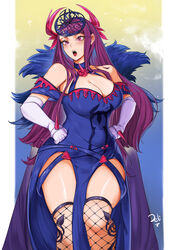  absurdres bare_shoulders blue_choker blue_dress blush breasts choker cleavage deliciousbrain dress elbow_gloves fascinator feet_out_of_frame female fire_emblem fire_emblem_engage fishnet_thighhighs fishnets gloves hands_on_own_hips highres ivy_(fire_emblem) large_breasts long_hair looking_at_viewer mole mole_under_mouth off-shoulder_dress off_shoulder open_mouth pelvic_curtain purple_eyes purple_hair short_sleeves solo standing thighhighs thighs very_long_hair white_gloves 