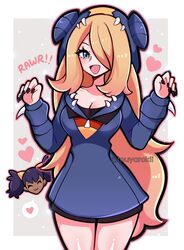  2girls artist_name blonde_hair breasts cosplay cynthia_(pokemon) garchomp garchomp_(cosplay) heart highres hood hoodie iris_(pokemon) long_hair long_sleeves looking_at_viewer multiple_girls open_mouth pokemon pokemon_bw pokemon_dppt smile touyarokii twitter_username 