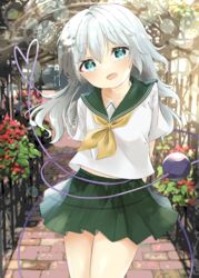  alternate_costume alternate_hair_length alternate_hairstyle aqua_hair arms_behind_back bad_id bad_pixiv_id blue_eyes blurry blurry_background brick commentary_request contrapposto cowboy_shot day female floating_hair flower green_sailor_collar green_skirt hair_between_eyes head_tilt highres ironwork kamachi_(kamati0maru) komeiji_koishi long_hair looking_at_viewer midriff_peek miniskirt neckerchief outdoors partial_commentary pleated_skirt sailor_collar school_uniform serafuku short_sleeves skirt solo third_eye touhou walkway wind yellow_neckerchief 