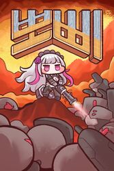  bulga chibi doom_(series) eternity_(last_origin) female gatling_gun jitome korean_commentary last_origin long_hair minigun multicolored_hair parody purple_hair two-tone_hair white_hair 