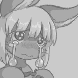  1:1 ambiguous_gender anthro begging black_and_white blush bodily_fluids buneposter emote grey_background greyscale has_colored-in_version long_ears made_in_abyss monochrome nanachi narehate nude portrait simple_background solo tears 