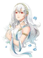  armlet corrin_(female)_(adrift)_(fire_emblem) corrin_(female)_(fire_emblem) corrin_(fire_emblem) female fire_emblem fire_emblem_fates fire_emblem_heroes flower open_mouth pointy_ears red_eyes robaco simple_background solo twitter_username upper_body veil white_background 