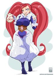  :d aged_up alternate_height artist_name baggy_pants bayeuxman blue_footwear blue_shirt blush boku_no_hero_academia breasts buttons commentary corset cup earrings female full_body gloves happy heart highres holding holding_cup holding_teapot jewelry la_brava large_breasts long_hair looking_at_viewer open_mouth pants pink_eyes red_hair shirt short_eyebrows smile solo standing teapot twintails very_long_hair watermark web_address white_gloves 