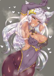  alternate_color alternate_skin_color animal_ears armpits arms_up backless_outfit black_gloves black_pantyhose blunt_bangs breasts cleavage commentary_request covered_navel cowboy_shot dark-skinned_female dark_skin elbow_gloves erune female gloves gold_trim granblue_fantasy grey_eyes grey_hair hair_ornament heart highleg highleg_leotard highres korwa large_breasts leotard long_hair looking_at_viewer pantyhose parted_lips shiny_skin sideboob smile solo steaming_body wakura_(gcdan) 