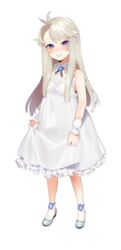  antenna_hair bare_shoulders blue_flower blush dress female flat_chest flower footwear_flower full_body grey_footwear grey_hair hair_flaps herme_(ohisashiburi) highres long_hair looking_at_viewer ohisashiburi original pink_lips purple_eyes shoes smile solo transparent_background white_dress wristband 