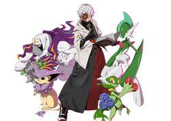  1boy absurdres asuka_r._kreutz black_gloves book cross crossover delcatty eyepatch gallade gloves grey_hair guilty_gear guilty_gear_strive hair_between_eyes hakama hakama_skirt highres holding holding_book japanese_clothes makai male_focus oranguru parted_lips poke_ball pokemon pokemon_(creature) roserade shoes simple_background skirt sneakers standing white_background yellow_eyes 