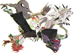  absurdres black_pants blue_eyes breasts brown_gloves claws cleavage crossover dark-skinned_female dark_skin fingerless_gloves giovanna_(guilty_gear) gloves guilty_gear guilty_gear_strive highres hitmonlee kicking large_breasts lips lycanroc lycanroc_(midday) makai pants parted_lips pokemon pokemon_(creature) red_hair scorbunny shirt short_hair simple_background suspenders white_background white_shirt zorua 