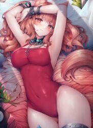  angelina_(arknights) angelina_(summer_flower)_(arknights) animal_ear_fluff animal_ears arknights armpits arms_up ass_visible_through_thighs bare_arms bare_shoulders blush bracelet breasts casual_one-piece_swimsuit chains cleavage closed_mouth commentary covered_navel cowboy_shot curled_fingers female fox_ears fox_girl fox_tail highres jewelry large_breasts light_rays looking_at_viewer lying necklace official_alternate_costume on_back one-piece_swimsuit orange_hair plant red_eyes red_one-piece_swimsuit ring shadow skin_tight smile snm_(sunimi) solo sparkle swimsuit tail taut_clothes taut_swimsuit thighs wide_hips 