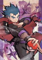  1boy bad_id bad_pixiv_id black_eyes black_hair caltrops closed_mouth commentary_request floating_scarf frown hand_up highres holding holding_poke_ball koga_(pokemon) male_focus ninja outstretched_arm poke_ball poke_ball_(basic) pokemon pokemon_hgss red_scarf scarf serious solo spiked_hair split_mouth tom_(pixiv10026189) 