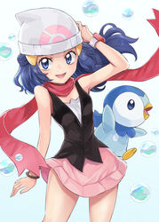  absurdres beanie blue_eyes blue_hair commentary dawn_(pokemon) dress female hair_ornament hat highres long_hair looking_at_viewer open_mouth piplup pokemon pokemon_(creature) pokemon_dppt scarf sharumon skirt smile 