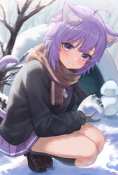  absurdres ahoge animal_ear_fluff animal_ears ayama_nano bad_id bad_pixiv_id bare_tree black_jacket black_socks blush brown_footwear brown_scarf cat_ears cat_girl cat_tail closed_mouth commentary female from_side full_body gloves grey_gloves highres holding holding_snowball hololive jacket kneehighs loafers long_sleeves nekomata_okayu outdoors pleated_skirt purple_eyes purple_hair purple_skirt scarf shoes short_hair skirt smile snow snowball socks solo squatting tail tail_raised tree virtual_youtuber 