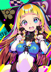  alyce_(dohna_dohna) black_gloves blonde_hair blue_eyes bodysuit braid breasts checkered commentary_request dohna_dohna_issho_ni_warui_koto_o_shiyou female flower_(symbol) gloves hairband holding holding_own_hair long_hair medium_breasts multicolored_background official_art onono_imoko open_mouth side_braids solo teeth upper_teeth_only 