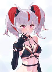  azur_lane bare_shoulders bikini black_bikini black_gloves breasts colored_inner_hair detached_collar elbow_gloves female gloves hand_up highres light_blush looking_at_viewer medium_breasts medium_hair multicolored_hair navel otto_von_alvensleben_(azur_lane) red_eyes red_hair sharp_teeth simple_background solo stomach streaked_hair swimsuit teeth two_side_up upper_body what_iq_wo white_background white_hair 