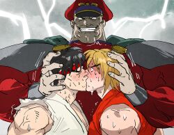  3boys 42nkooon armor bare_shoulders blonde_hair blush brown_hair cape closed_eyes commentary electricity forced_kiss green_cape hand_on_another&#039;s_head hat headband ken_masters kissing m._bison military_hat motion_lines multiple_boys pauldrons red_hat red_headband red_shirt ryu_(street_fighter) shirt short_sleeves shoulder_armor sleeveless street_fighter street_fighter_ii_(series) surprised sweat sweatdrop thick_eyebrows torn_clothes upper_body veins veiny_arms white_shirt yaoi 