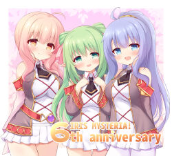  3girls :d ahoge anniversary ayukawa_koto bare_shoulders blue_eyes blue_hair blush bow-shaped_hair braid breasts brown_eyes cecile_leica_engel_berglund clothing_cutout commentary_request copyright_name dress green_eyes green_hair grey_jacket hands_up highres iris_mysteria! jacket large_breasts light_brown_hair long_hair medium_breasts multiple_girls pantyhose pink_background pleated_dress priscilla_marcell_de_palvin shoulder_cutout single_braid smile very_long_hair white_dress white_pantyhose yuu_(yumezakura) 