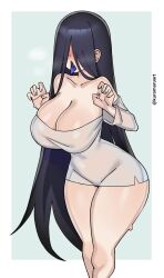  artist_name bare_shoulders black_hair blue_tongue blush breasts claw_pose cleavage collarbone colored_tongue dress female hair_over_eyes highres kuromaruart large_breasts long_hair open_mouth simple_background solo standing sweatdrop the_ring thick_thighs thighs tongue tongue_out very_long_hair white_dress yamamura_sadako 