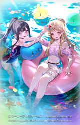  2girls :d afloat arm_up atelier_(series) atelier_resleriana atelier_totori bikini bikini_under_clothes black_hair blonde_hair blue_one-piece_swimsuit bridal_garter brown_hair bukurote commentary_request copyright_notice cropped_shirt flower full_body hair_flower hair_ornament highres innertube long_hair looking_at_viewer microskirt mimi_houllier_von_schwarzlang multiple_girls navel official_art one-piece_swimsuit open_mouth outdoors partially_submerged petals petals_on_liquid pink_shirt ponytail puni_(atelier) purple_eyes shirt sitting skirt smile sunlight swim_ring swimsuit totooria_helmold water wrist_cuffs 