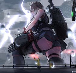  1boy absurdres blue_eyes commentary_request female from_below giant giantess grey_hair highres kantai_collection lightning natsukaze_shigure panties rain shigure_(kancolle) shigure_kai_san_(kancolle) storm underwear 