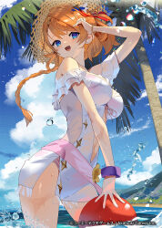  :d arm_up atelier_(series) atelier_resleriana beach bikini bikini_under_clothes blue_eyes blue_sky bracelet braid breasts clothing_cutout cloud commentary_request copyright_notice cowboy_shot day dress female frilled_dress frills hair_ornament hairclip hand_up hat jewelry large_breasts long_hair looking_at_viewer navel_cutout ocean official_alternate_costume official_art open_mouth outdoors palm_tree pink_bikini resna_sternenlicht resna_sternenlicht_(pretty_summer) scottie_(phantom2) second-party_source see-through sky smile solo standing straw_hat sun_hat swimsuit tree water white_dress 