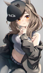  animal_ears bare_shoulders baseball_cap black_hat black_jacket black_pants blush breasts brown_hair cleavage closed_mouth commentary_request ears_through_headwear female grey_background hand_up hat highres horse_ears index_finger_raised jacket long_hair long_sleeves matikane_tannhauser_(boc&#039;z)_(umamusume) matikane_tannhauser_(umamusume) medium_breasts meyamu navel off_shoulder open_clothes open_jacket pants puffy_long_sleeves puffy_sleeves red_eyes simple_background smile solo tilted_headwear umamusume 