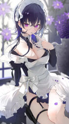  absurdres apron bare_shoulders biting biting_glove black_dress black_hair black_necktie blue_hair blush breasts cleavage closed_mouth commentary_request crossed_bangs detached_collar dress female frilled_apron frills glasses gloves hair_between_eyes half_gloves highres ichinose_uruha large_breasts long_hair long_sleeves looking_at_viewer maid maid_apron maid_headdress momochi_tamalu multicolored_hair necktie petals purple_eyes round_eyewear short_necktie solo streaked_hair thigh_strap virtual_youtuber vspo! white_gloves 