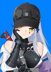  1437823832 absurdres baseball_cap blue_background breasts chinese_commentary commentary_request cross_hair_ornament female flashbang girls&#039;_frontline girls&#039;_frontline_2:_exilium green_eyes hair_ornament hand_on_own_face hat highres hk416_(girls&#039;_frontline) jacket long_hair looking_at_viewer multicolored_clothes multicolored_jacket off_shoulder parted_lips purple_jacket solo tattoo teardrop_facial_mark teardrop_tattoo two-tone_jacket upper_body white_hair white_jacket 