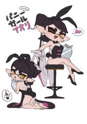  alternate_costume animal_ear_hairband animal_ears barefoot black_bow black_bowtie black_footwear black_hair black_hairband black_leotard blush bow bow-shaped_hair bowtie breasts callie_(splatoon) cleavage collar commentary_request coula_cat cross-shaped_pupils detached_collar earrings fake_animal_ears fake_tail fangs female full_body gloves gradient_hair hairband heart highres holding holding_plate inkling jewelry leotard long_hair mole mole_under_eye multicolored_hair multiple_views on_stool one_eye_closed open_mouth pink_hair plate pointy_ears rabbit_ears rabbit_tail sitting speech_bubble splatoon_(series) spoken_heart strapless strapless_leotard symbol-shaped_pupils tail tearing_up tentacle_hair thick_eyebrows translation_request twintails two-tone_hair white_collar white_gloves yellow_eyes 